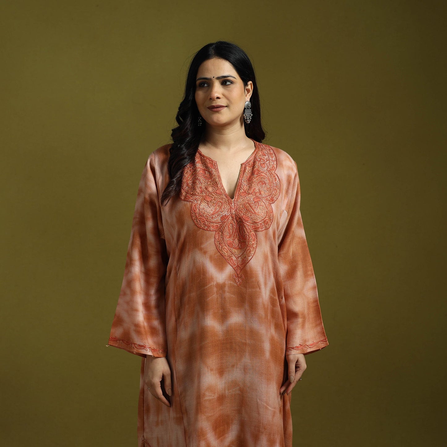 Brown - shibori tie-dye aari hand embroidery kashmiri wool