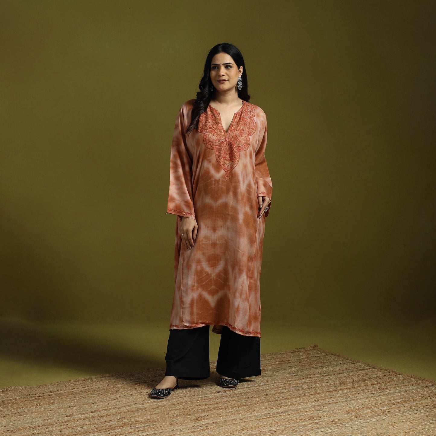 Brown - shibori tie-dye aari hand embroidery kashmiri wool