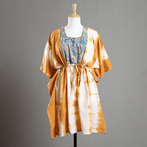 Brown - Shibori Tie-Dye Cotton Kaftan with Tie-Up Waist (Medium)