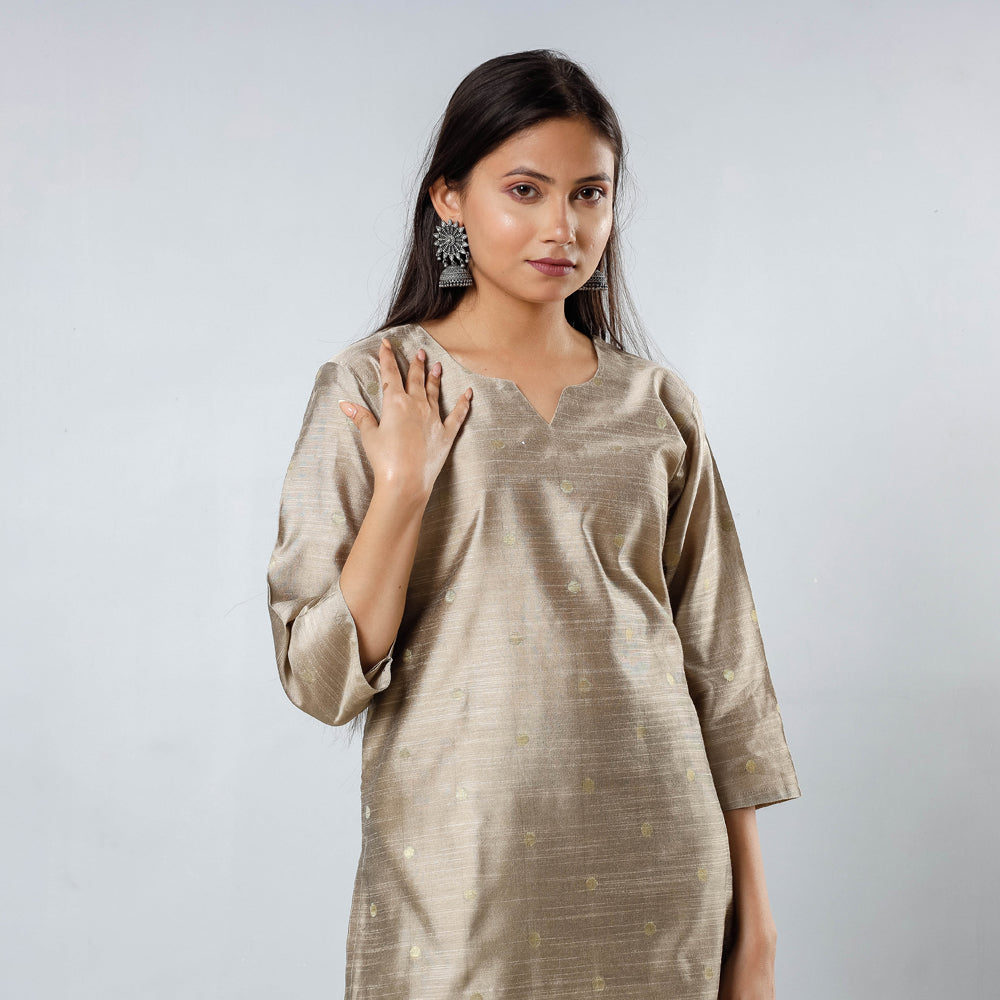 Brown - Silver Polka Zari Butta Spun Dupion Silk Long Kurta