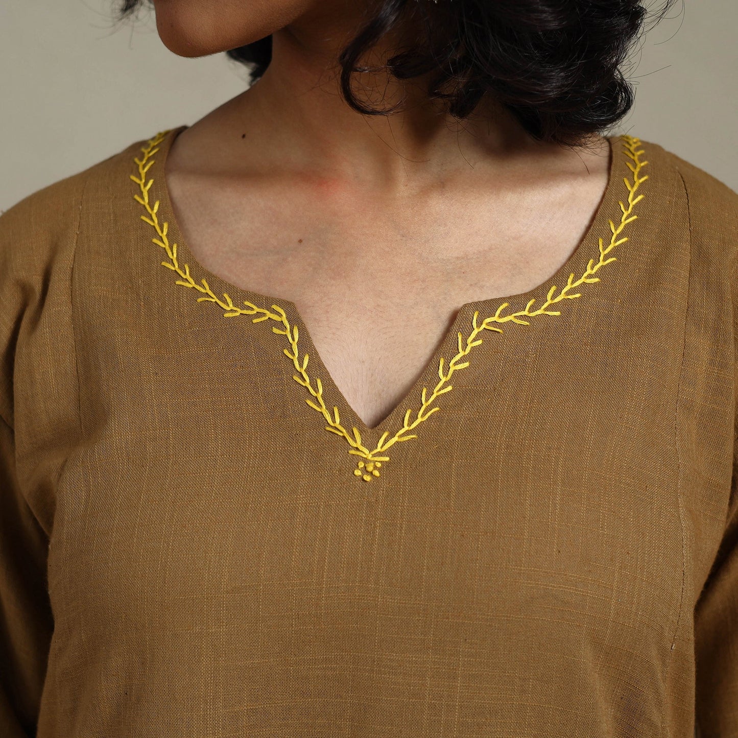 Brown Slub Cotton A-Line Plain Kurta with Hand Embroidery