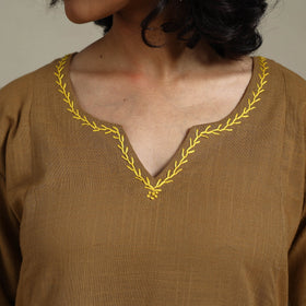 Brown Slub Cotton A-Line Plain Kurta with Hand Embroidery