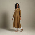 Brown Slub Cotton A-Line Plain Kurta with Hand Embroidery