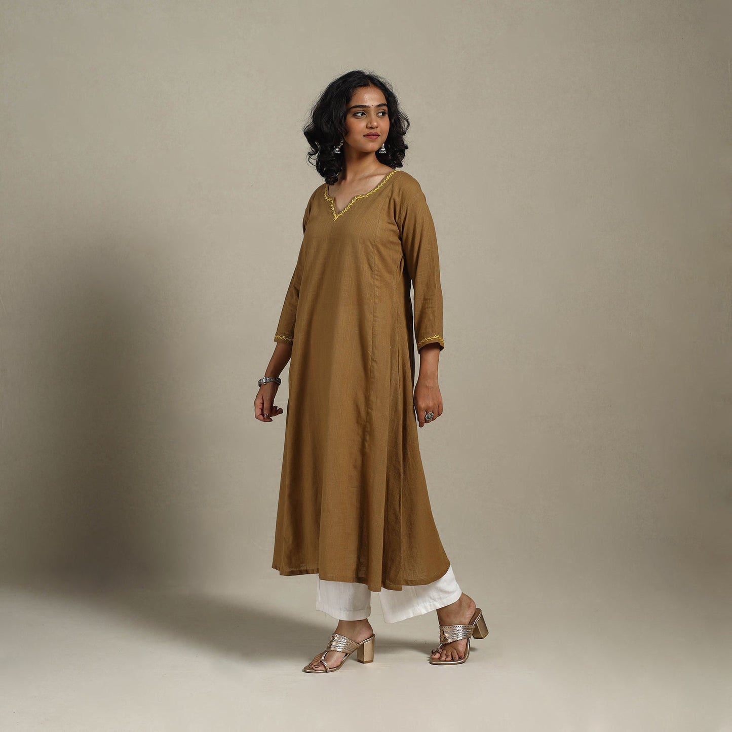 Brown Slub Cotton A-Line Plain Kurta with Hand Embroidery