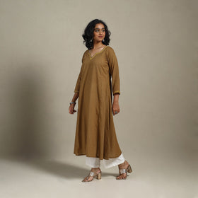 Brown Slub Cotton A-Line Plain Kurta with Hand Embroidery