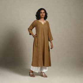 Brown Slub Cotton A-Line Plain Kurta with Hand Embroidery