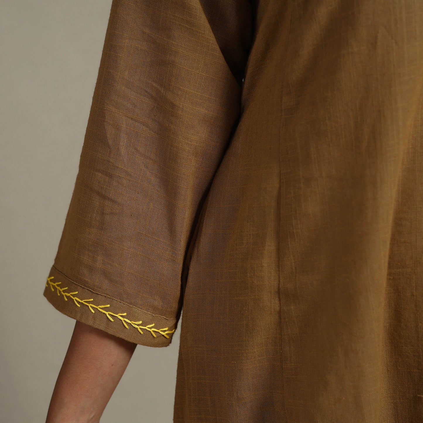 Brown Slub Cotton A-Line Plain Kurta with Hand Embroidery