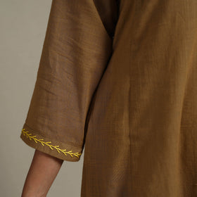 Brown Slub Cotton A-Line Plain Kurta with Hand Embroidery