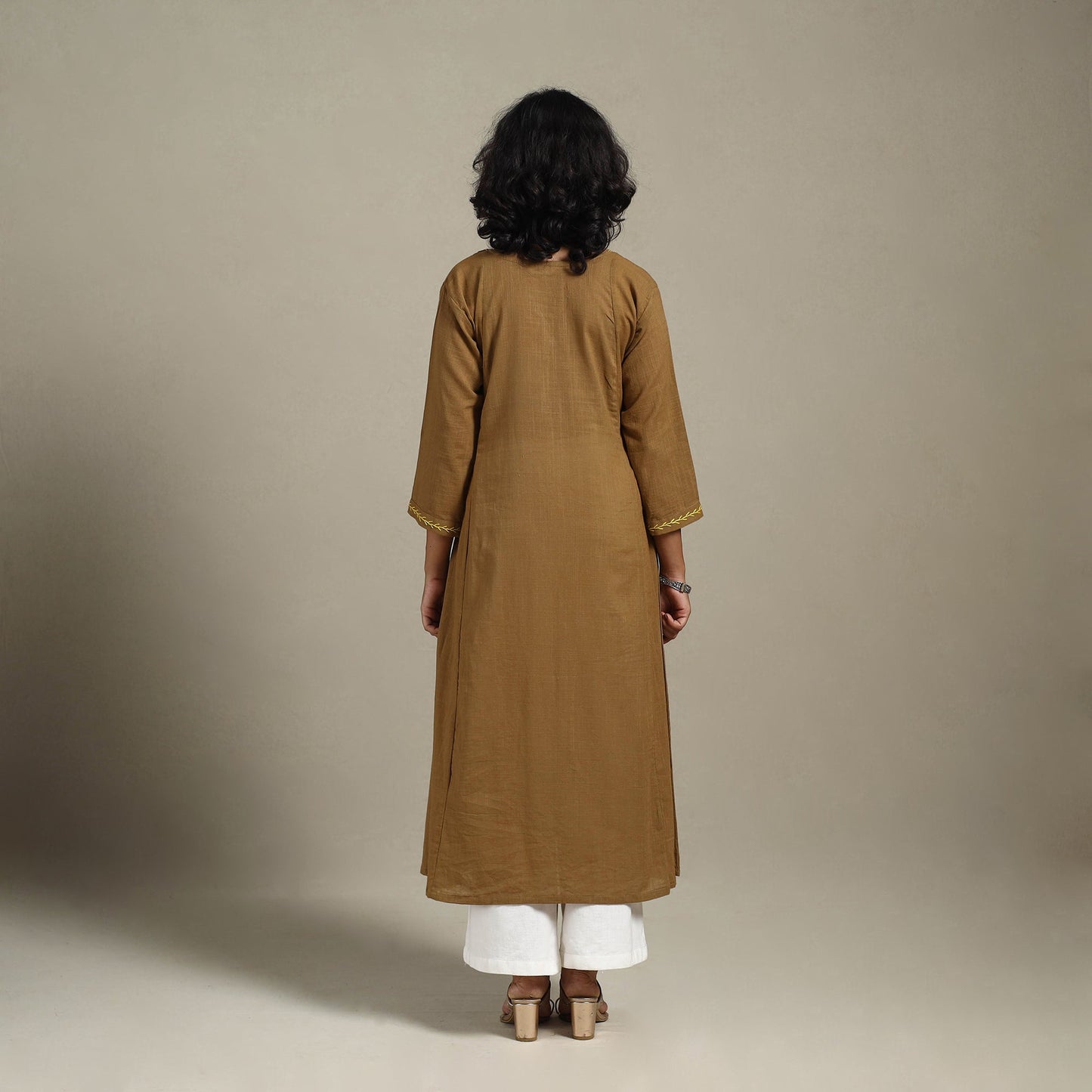 Brown Slub Cotton A-Line Plain Kurta with Hand Embroidery