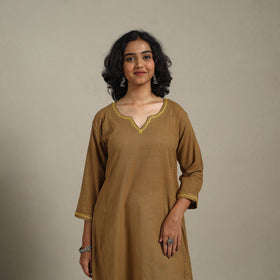 Brown Slub Cotton A-Line Plain Kurta with Hand Embroidery
