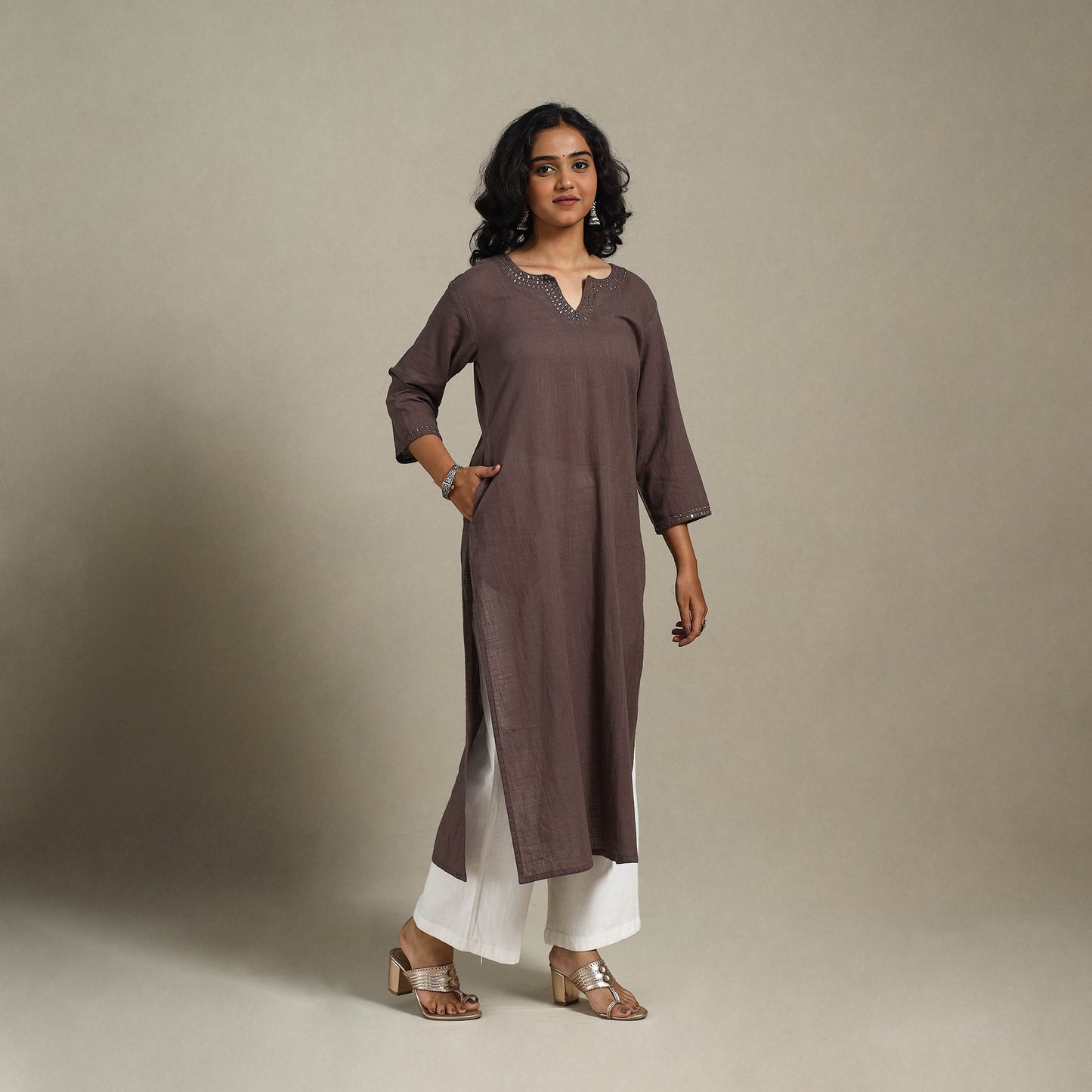 Brown Slub Cotton Straight Plain Kurta with Hand Embroidery