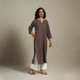 Brown Slub Cotton Straight Plain Kurta with Hand Embroidery