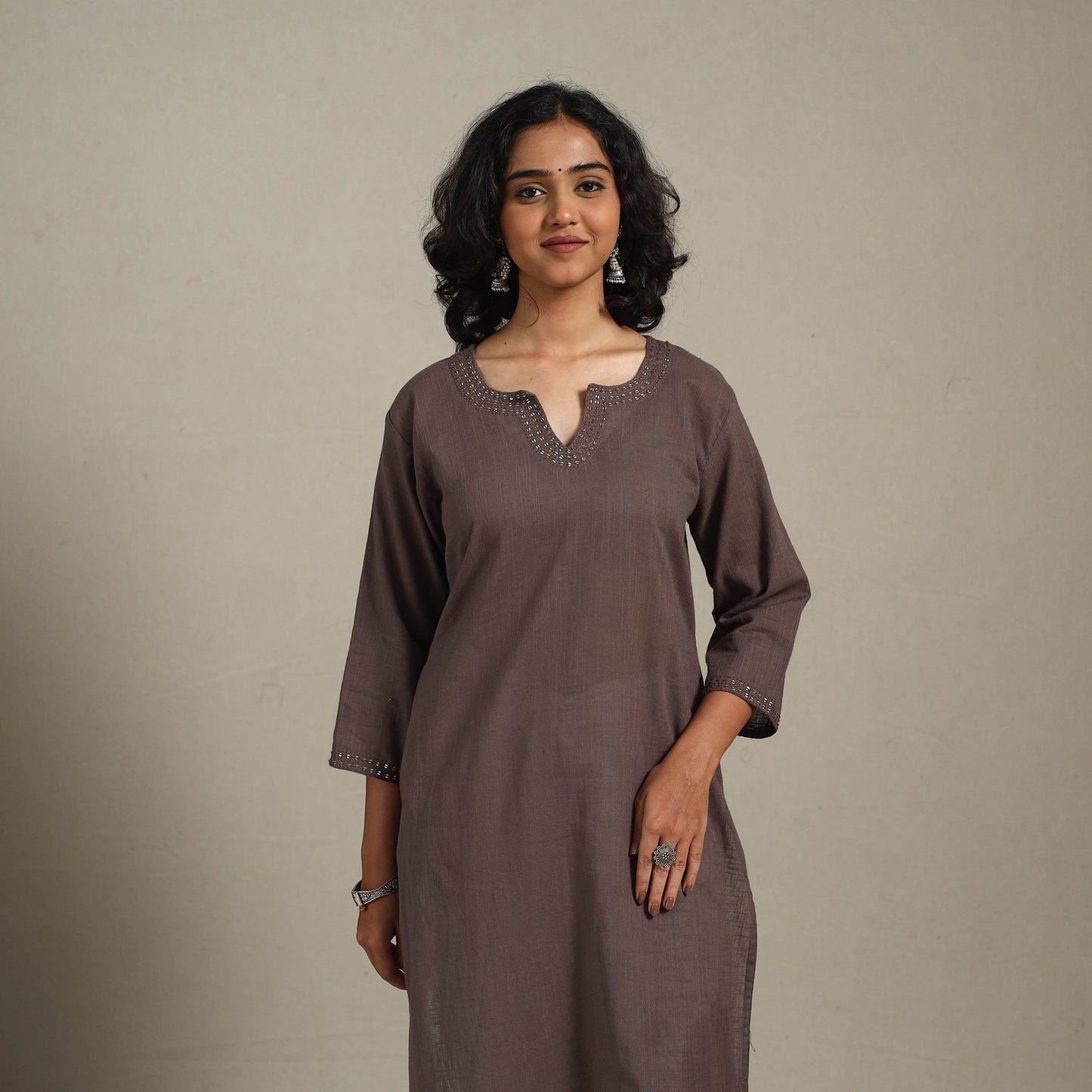 Brown Slub Cotton Straight Plain Kurta with Hand Embroidery