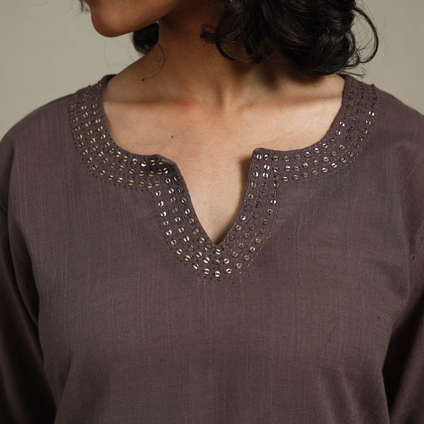 Brown Slub Cotton Straight Plain Kurta with Hand Embroidery