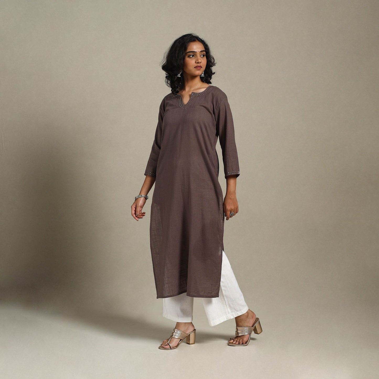 Brown Slub Cotton Straight Plain Kurta with Hand Embroidery