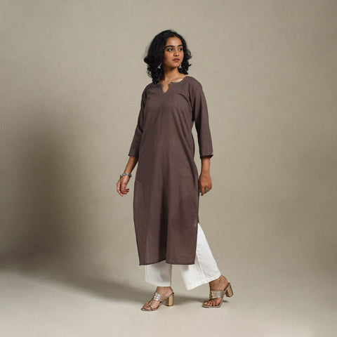 Brown Slub Cotton Straight Plain Kurta with Hand Embroidery