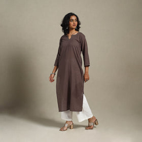Brown Slub Cotton Straight Plain Kurta with Hand Embroidery