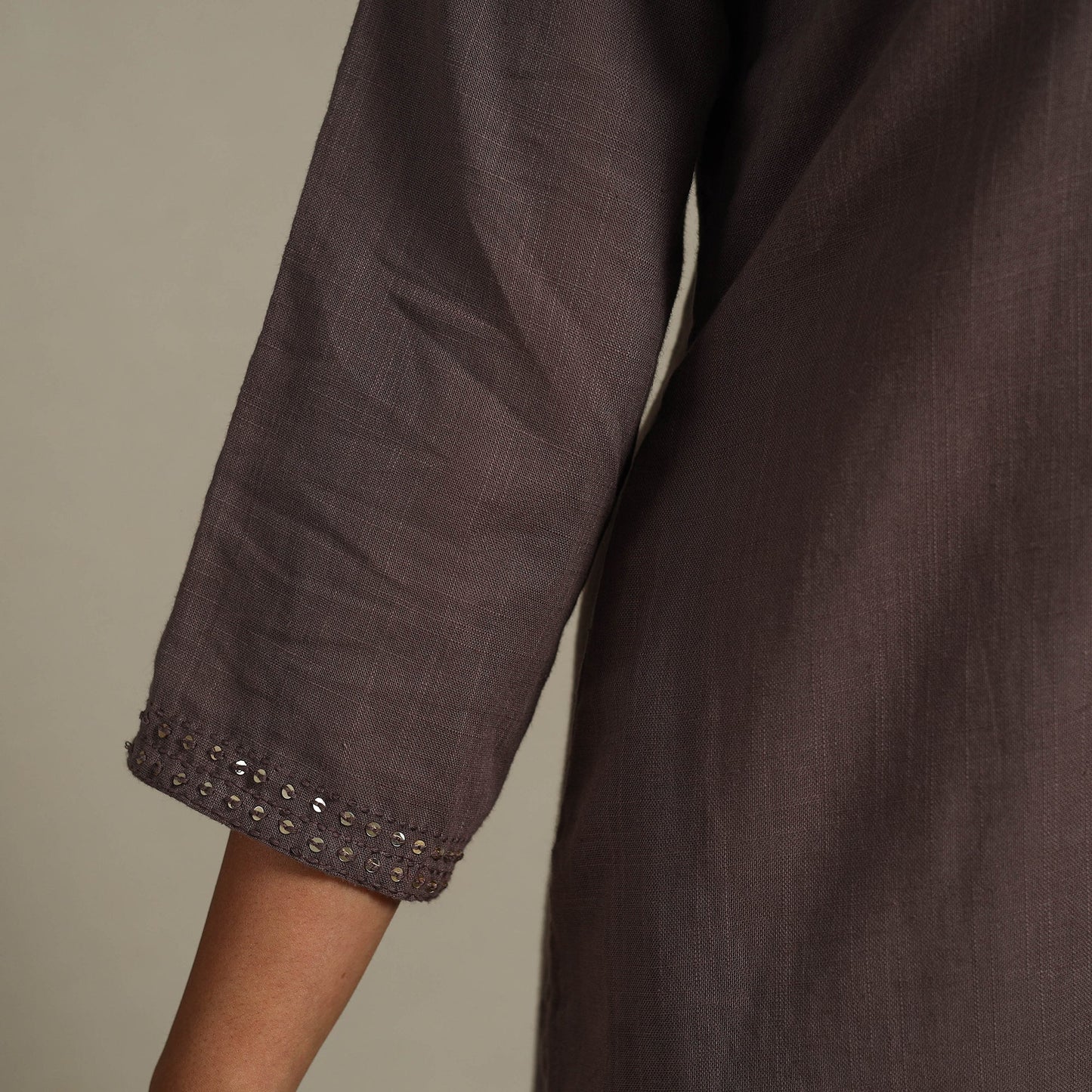 Brown Slub Cotton Straight Plain Kurta with Hand Embroidery