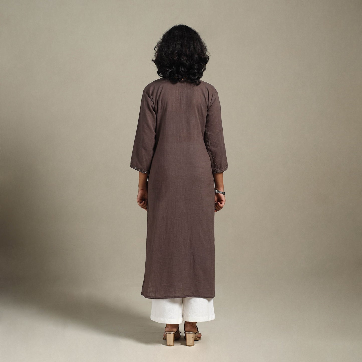 Brown Slub Cotton Straight Plain Kurta with Hand Embroidery