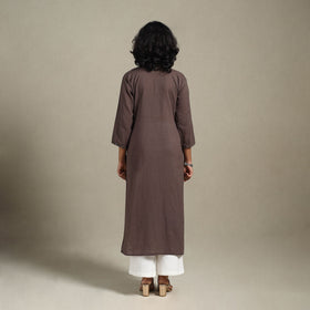 Brown Slub Cotton Straight Plain Kurta with Hand Embroidery