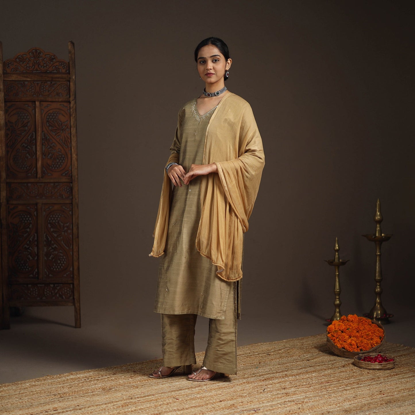 Brown - slub silk embroidered plain kurta set (set of 3) 01