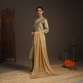 Brown - slub silk embroidered plain kurta set (set of 3) 01