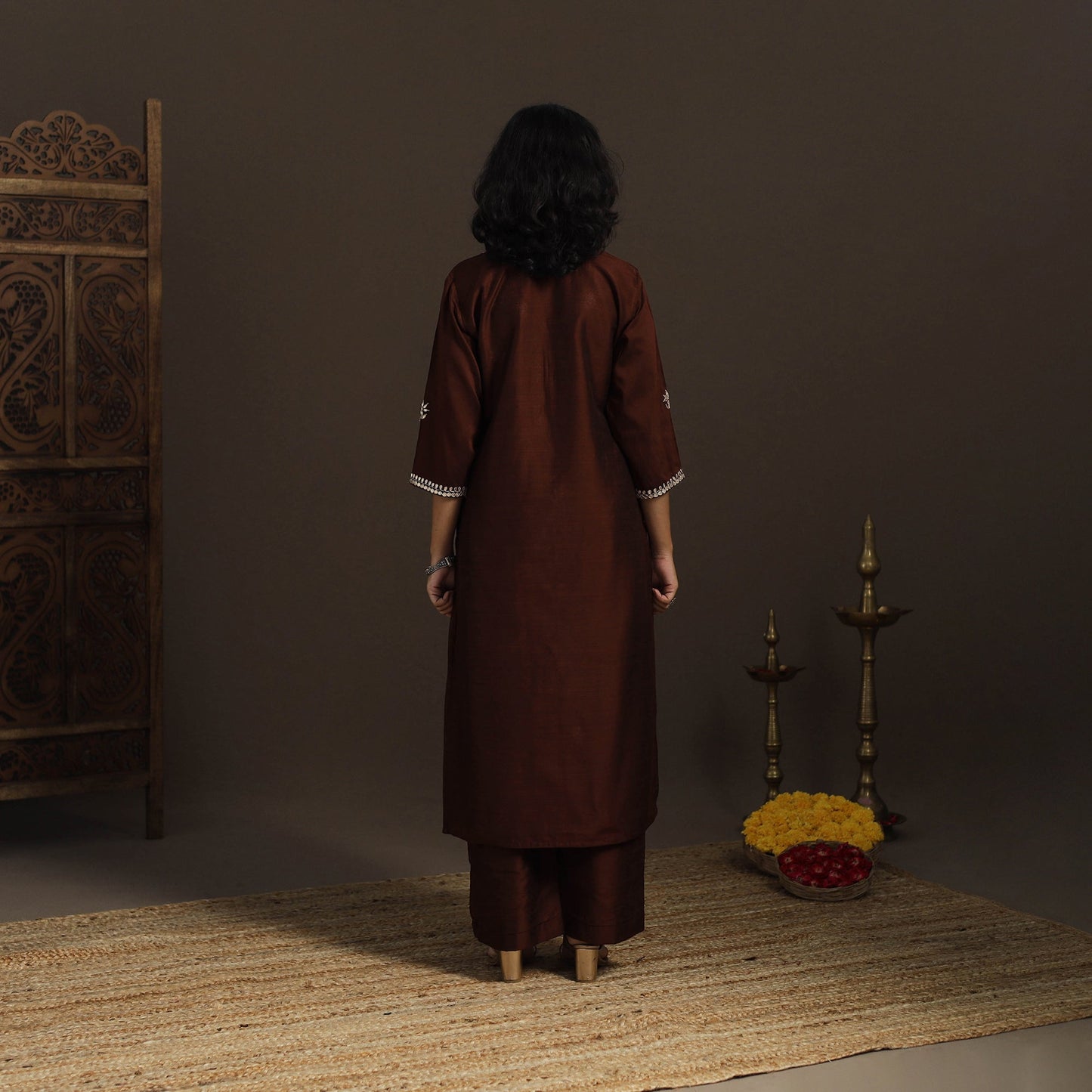 Brown - slub silk gota work straight plain kurta 06