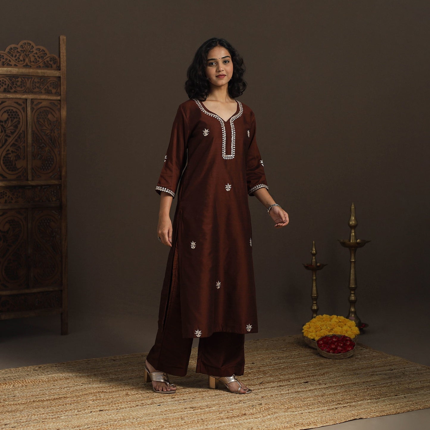 Brown - slub silk gota work straight plain kurta 06