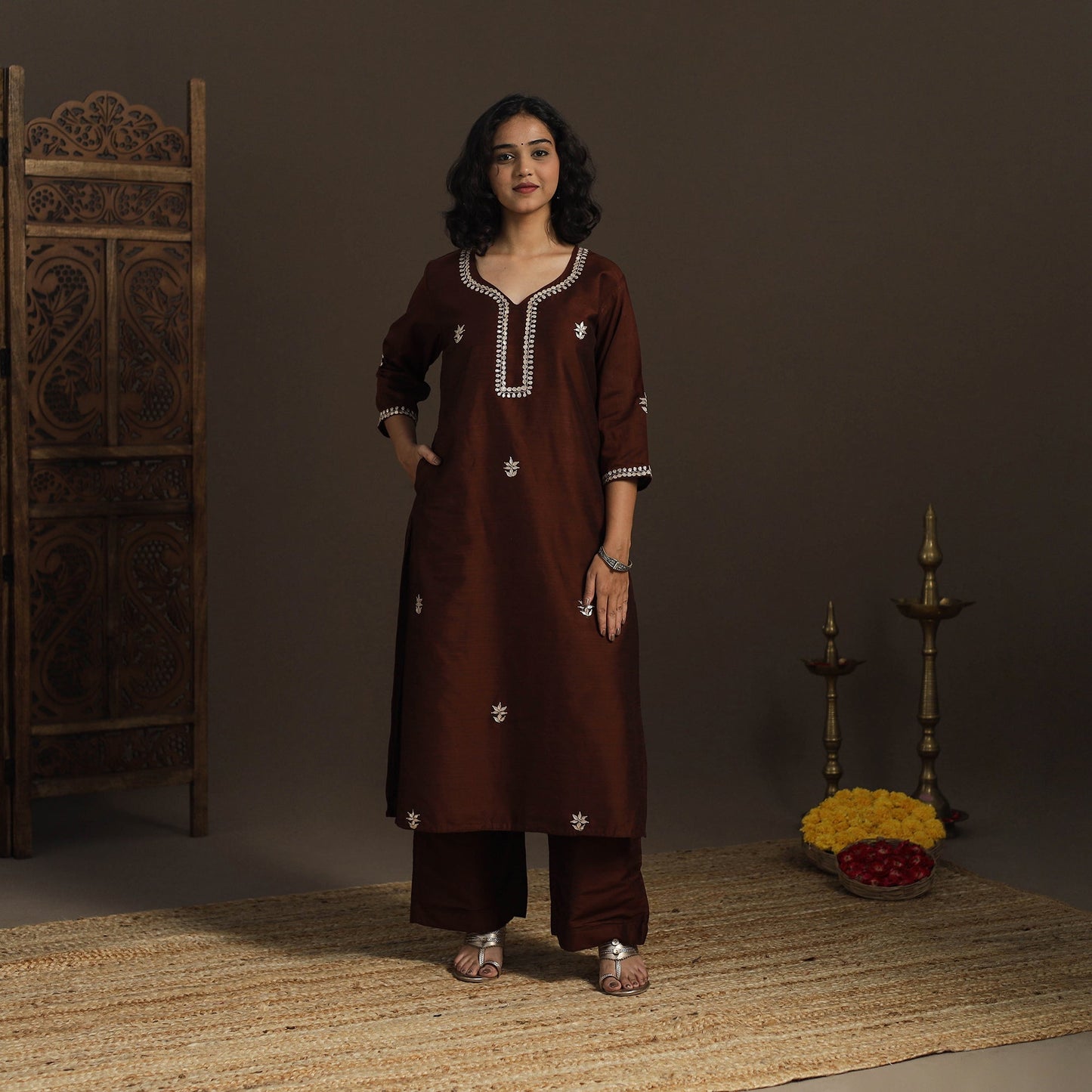 Brown - slub silk gota work straight plain kurta 06