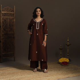 Brown - slub silk gota work straight plain kurta 06