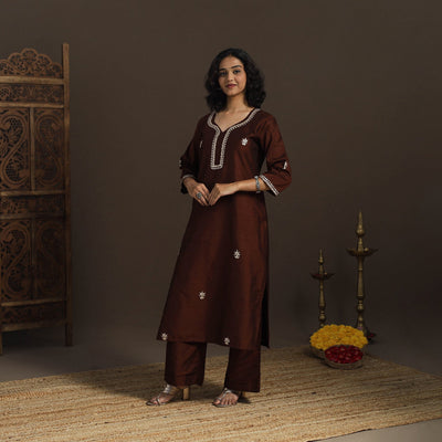 Brown - slub silk gota work straight plain kurta 06