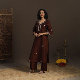 Brown - slub silk gota work straight plain kurta 06