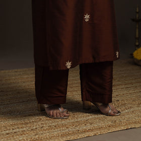 Brown - slub silk gota work straight plain kurta 06