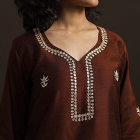 Brown - slub silk gota work straight plain kurta 06