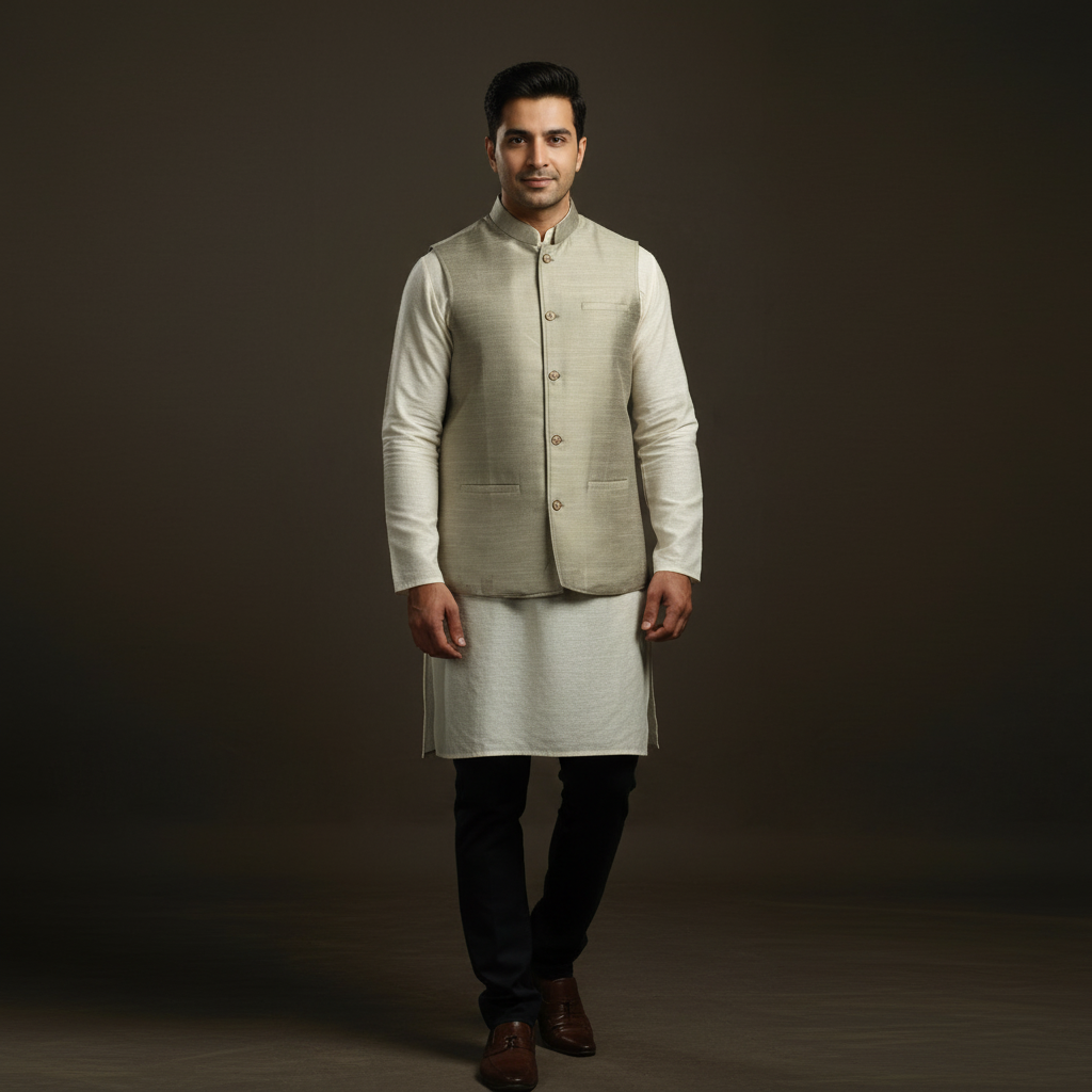 Slub silk men plain nehru jacket 06 - handcrafted