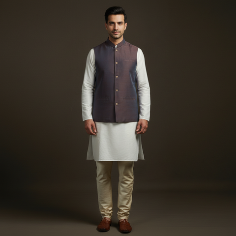 Slub silk men plain nehru jacket 10 - handcrafted