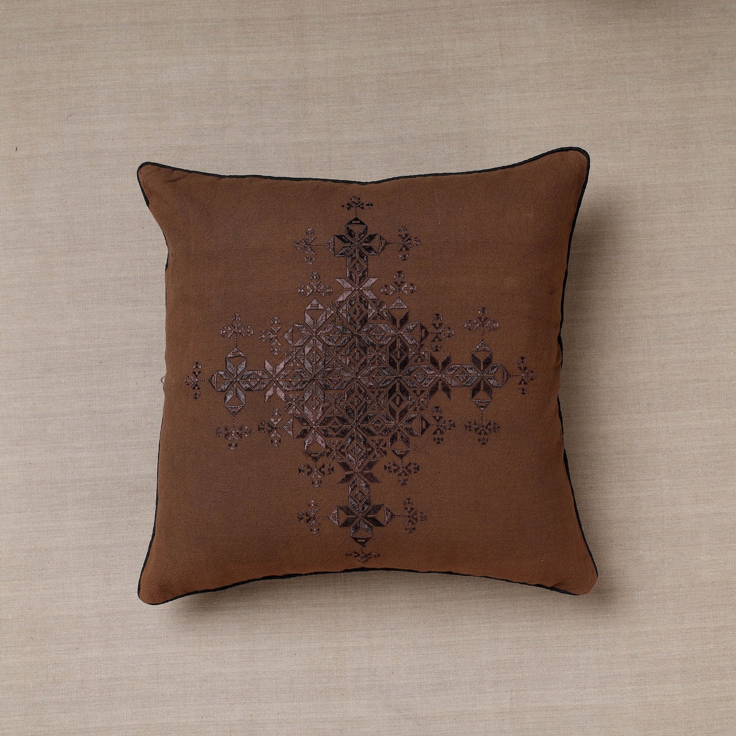 Brown Soof Embroidery Cotton Cushion Cover