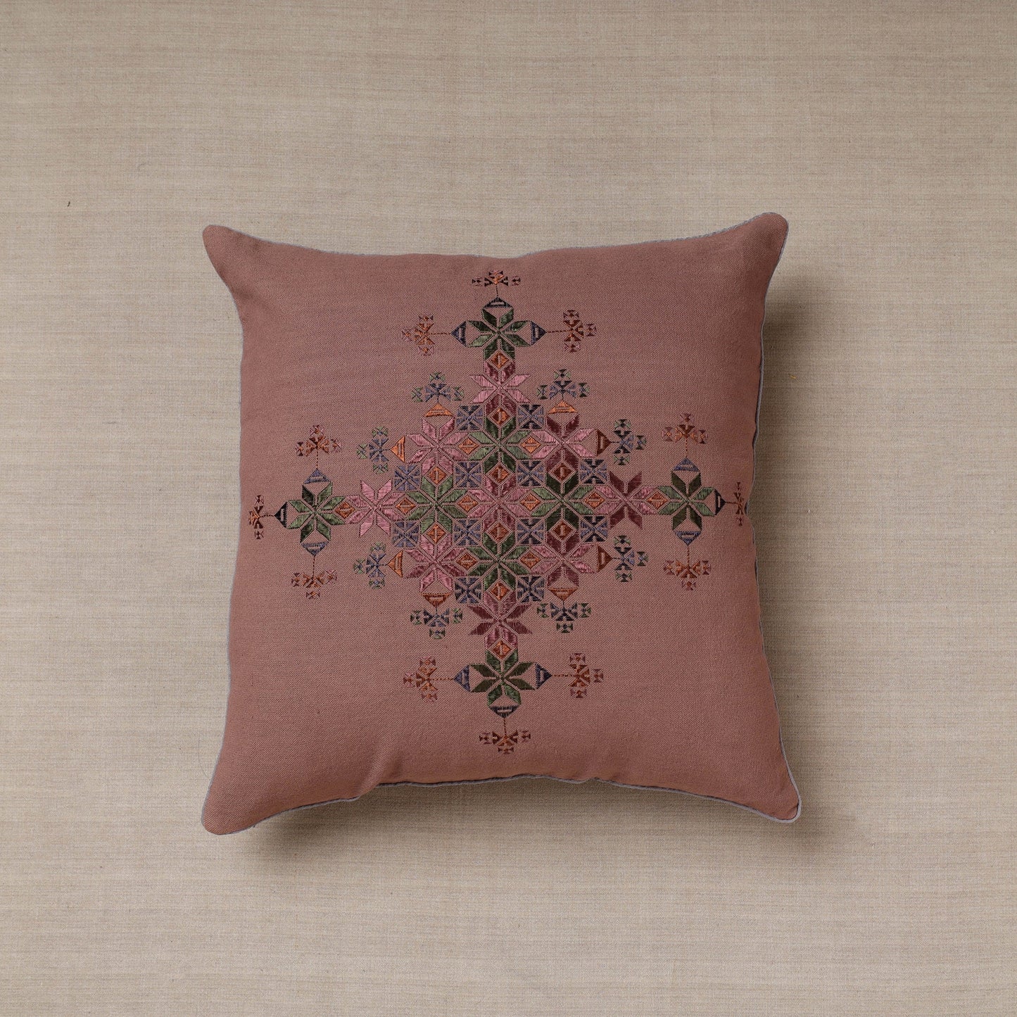 Brown Soof Embroidery Cotton Cushion Cover