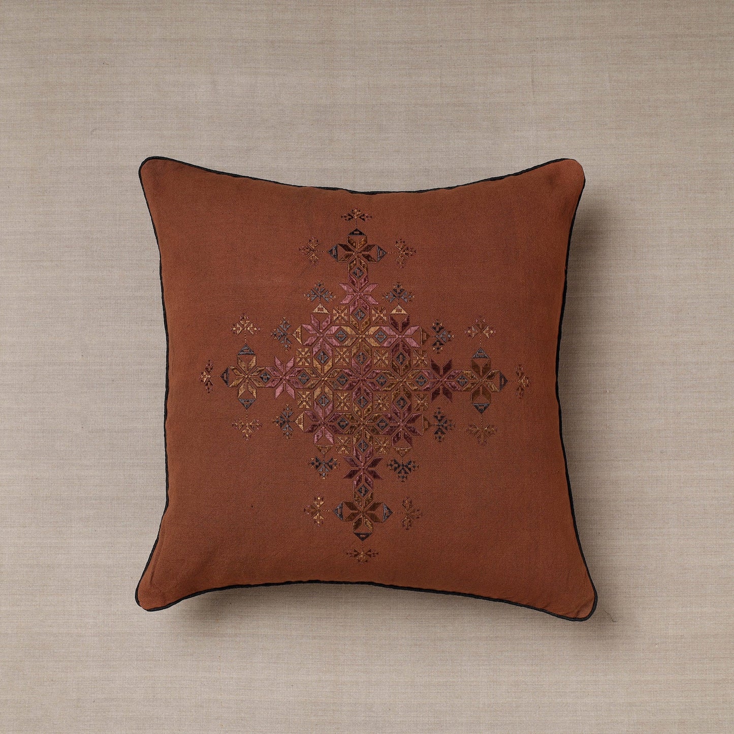 Brown Soof Embroidery Cotton Cushion Cover