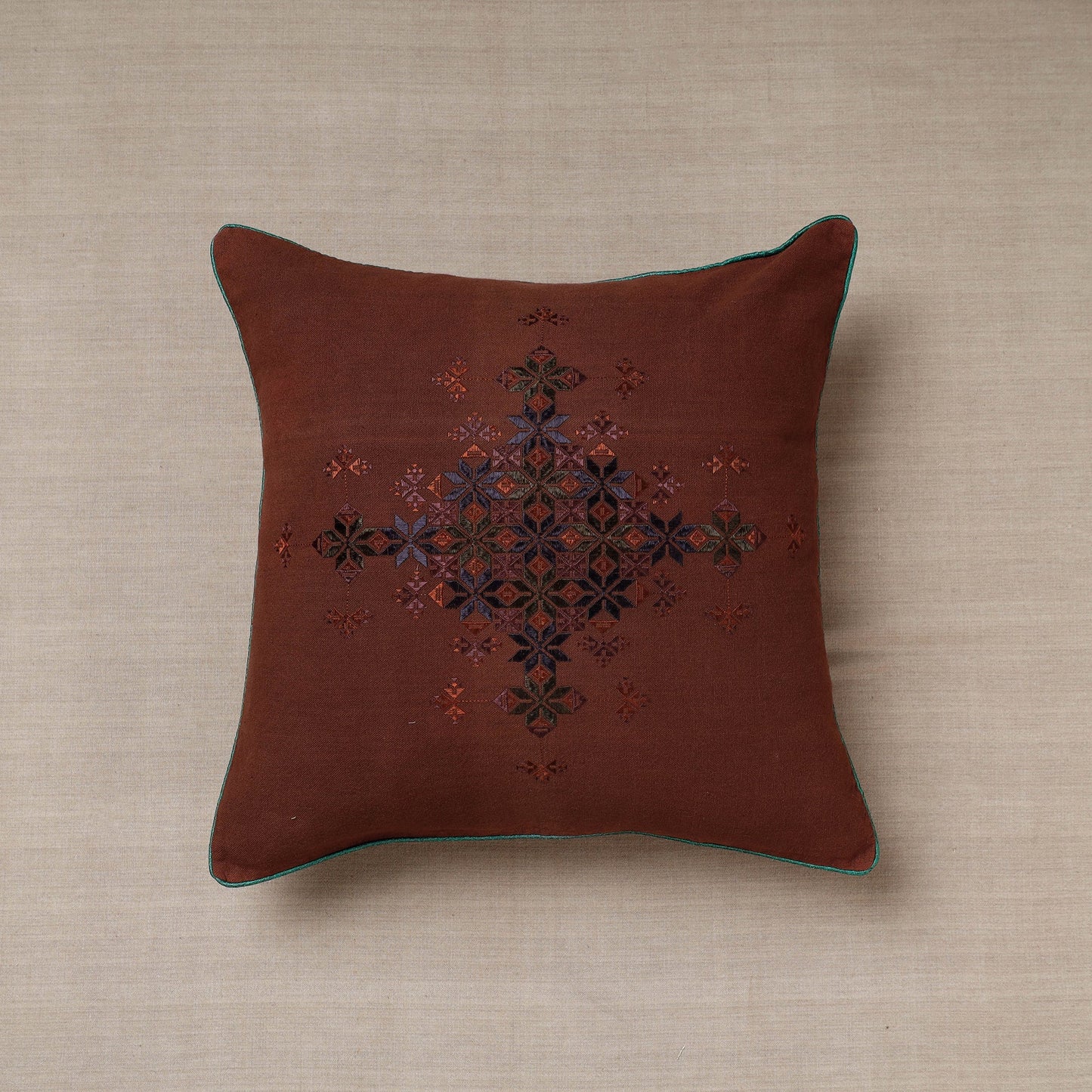 Brown Soof Embroidery Cotton Cushion Cover