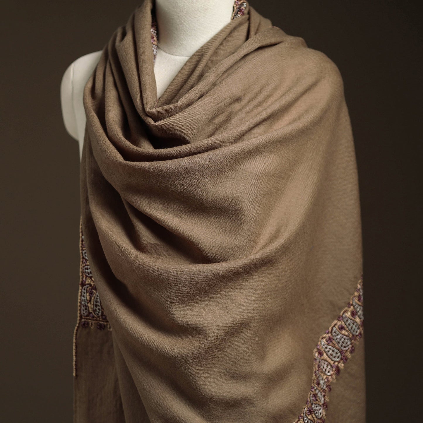 Brown - sozni hand embroidery work kashmiri merino wool