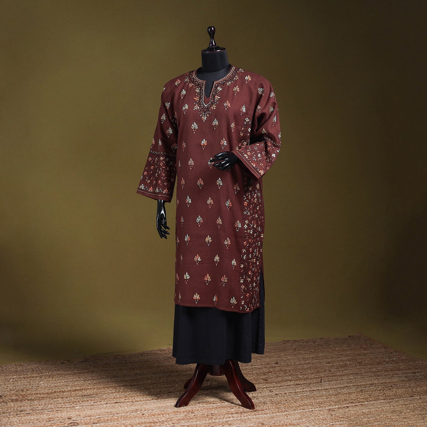 Brown - sozni heavy hand embroidery kashmiri merino wool