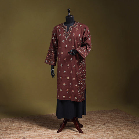 Brown - sozni heavy hand embroidery kashmiri merino wool