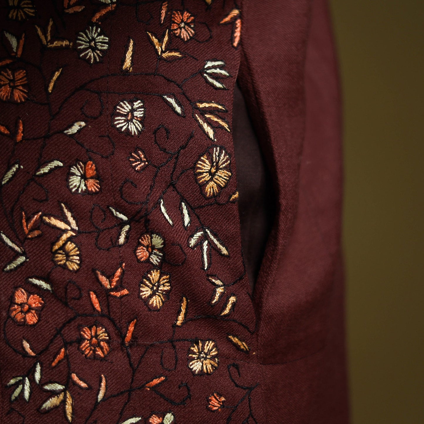 Brown - sozni heavy hand embroidery kashmiri merino wool