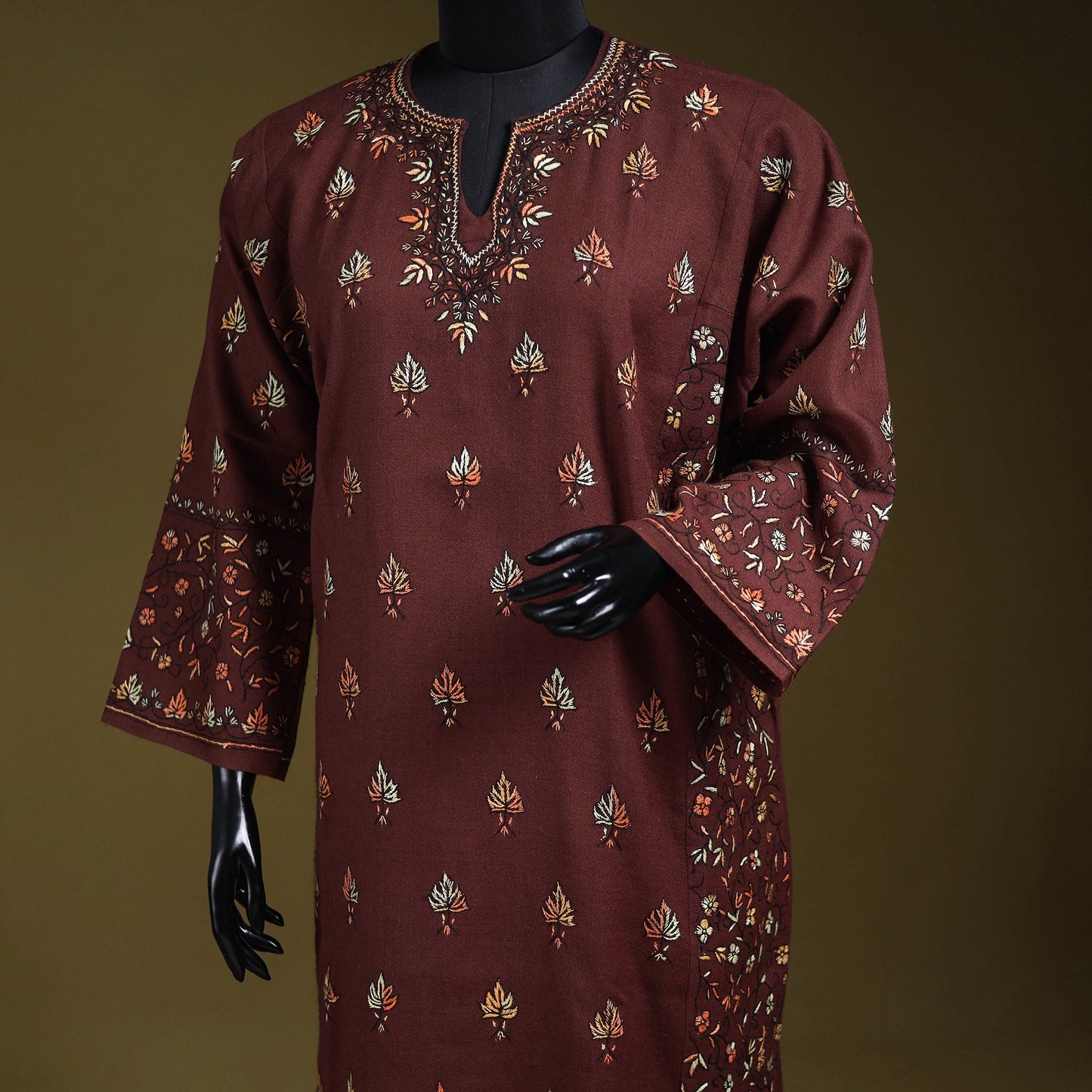 Brown - sozni heavy hand embroidery kashmiri merino wool