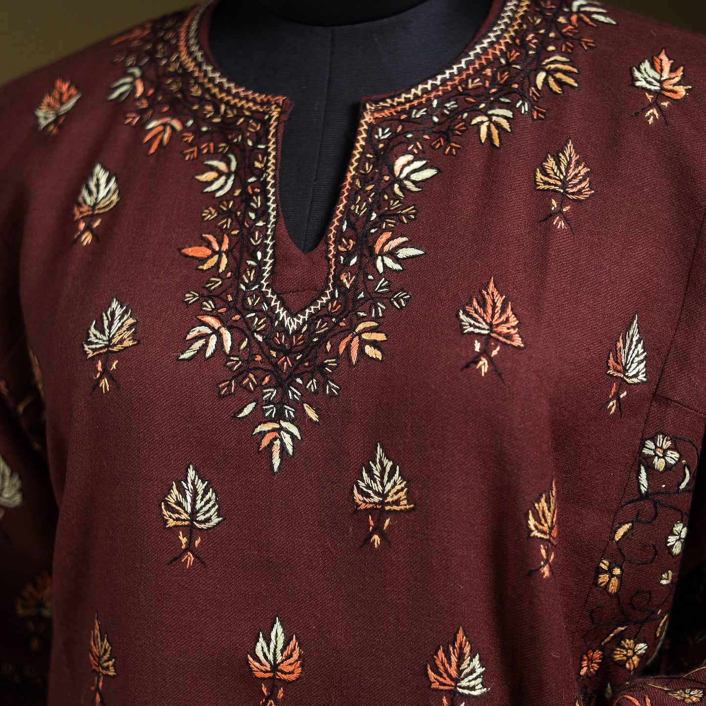 Brown - sozni heavy hand embroidery kashmiri merino wool
