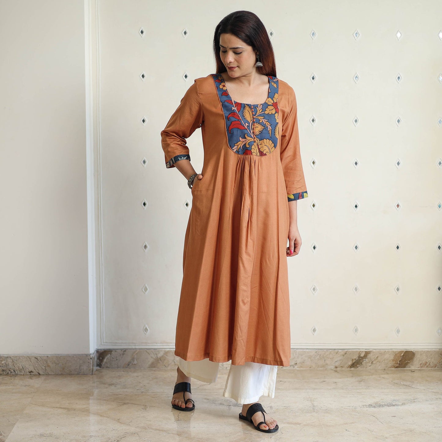 Brown - srikalahasti kalamkari patchwork plain linen cotton