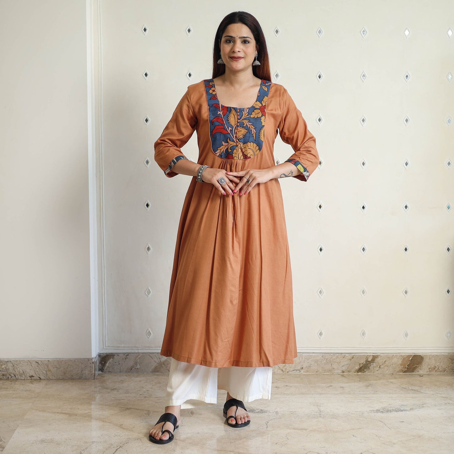 Brown - srikalahasti kalamkari patchwork plain linen cotton