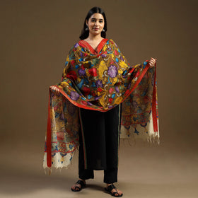 Brown Pen Work Chanderi Silk Handpainted Kalamkari Dupatta