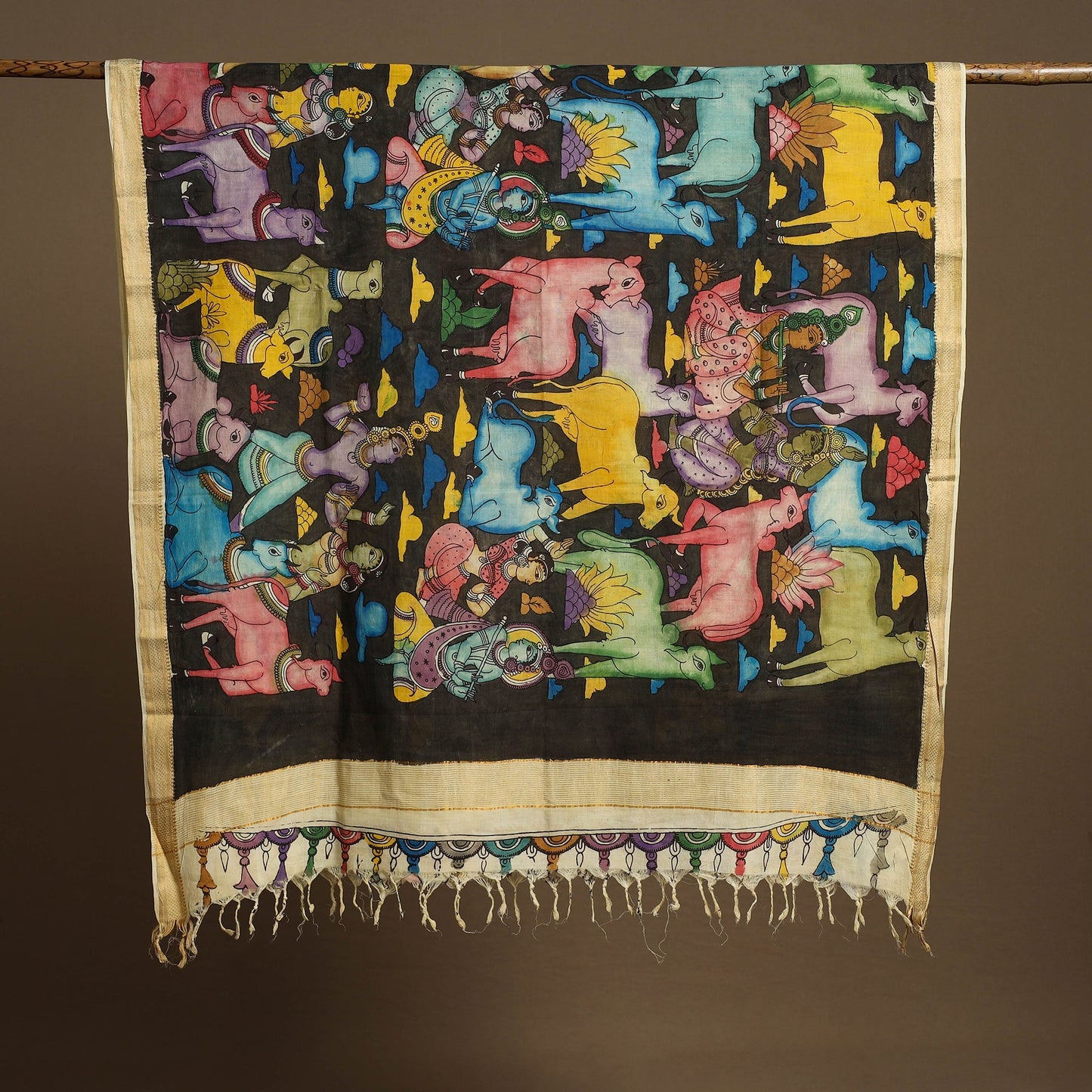 Brown Pen Work Mangalagiri Cotton Handpainted Kalamkari Dupatta